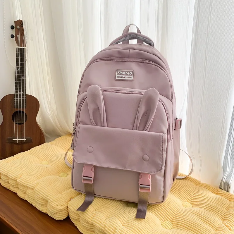 Cute Rabbit Ear Backpack for Teen Girls School Backpack Female Large Capacity Kawaii School Daypack Nylon Casual Student Bookbag