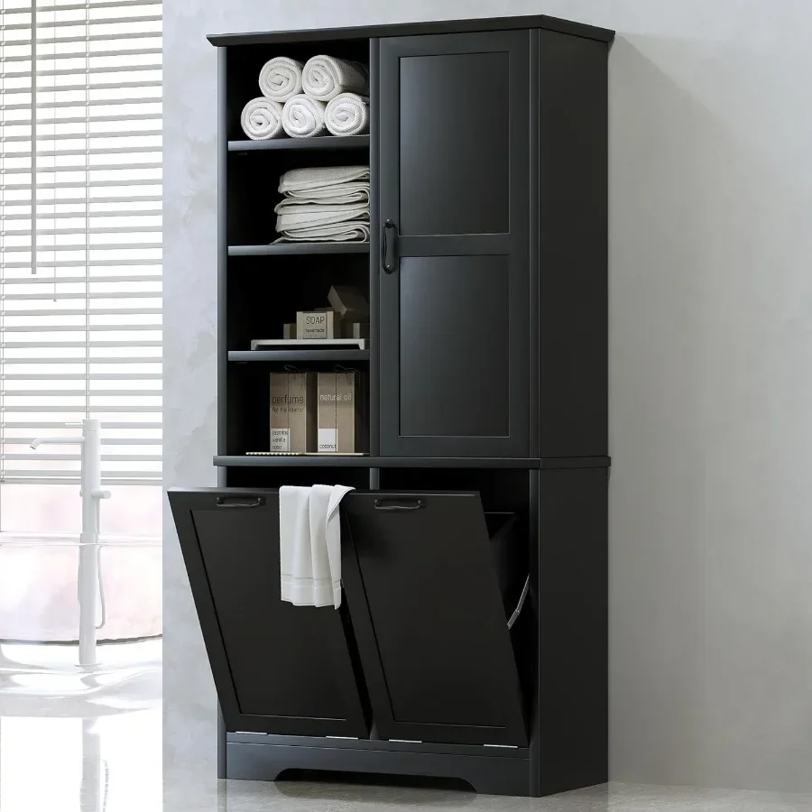 Tall Storage Cabinet with Door and Open Shelf, Multi-Functional Laundry Hamper Basket for Home Bathroom, Laundry Room