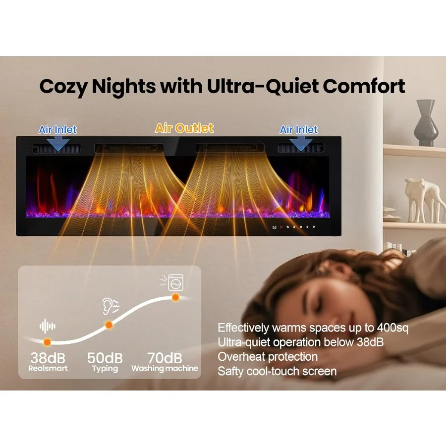 Camino elettrico a parete 60 con potenza di riscaldamento da 1500 W Design da incasso per soggiorno o camera da letto 3 modalità di riscaldamento Slim Bla