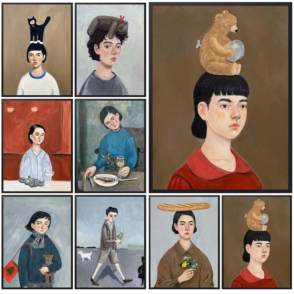 

Nordic Girl Portrait with Cat Prints Cartoon Poster Wall Art Canvas Painting Home Decor Wall Pictures For Living Room Unframed