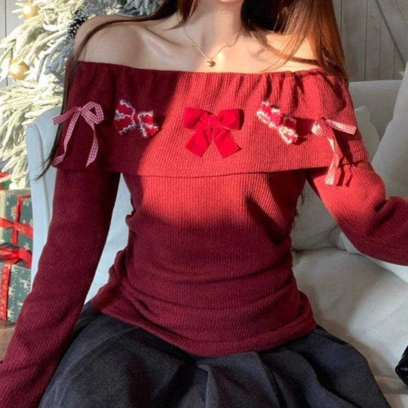 

One Shoulder Bow T-shirt for Women's Winter New Style, Fashionable and Off Shoulder Waist Cinching Hot Girl Top