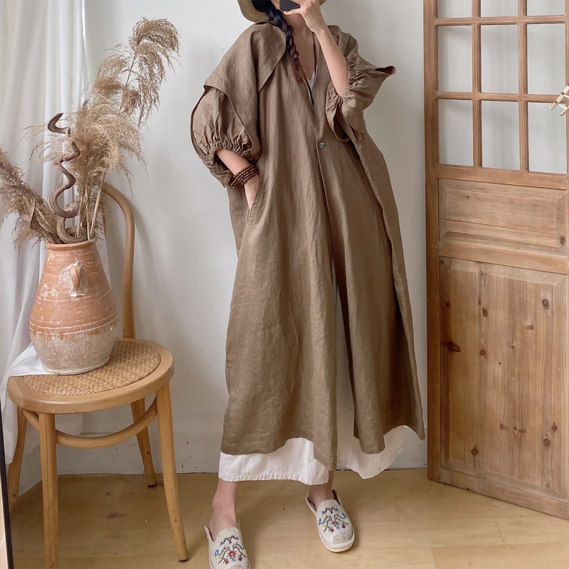 Johnature Summer New Long Vintage Linen Trench 2024 Casual V-neck Single Button Loose Slits All Match Women Coats