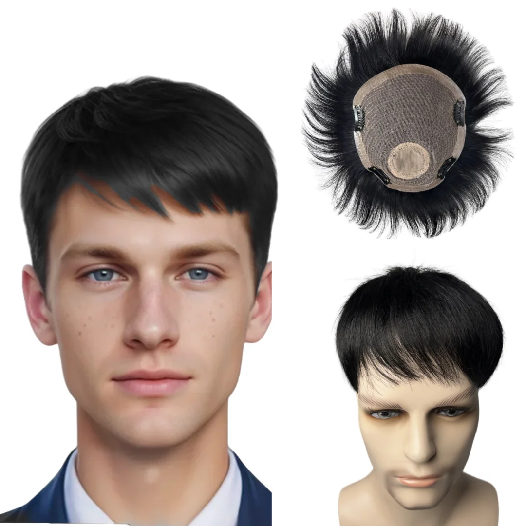 Clips on Mens Hair Wig Male Human Hair Toupee for Men Topper Real Hair Wig Replacement Block Overhead Natural Men's Wig Piece