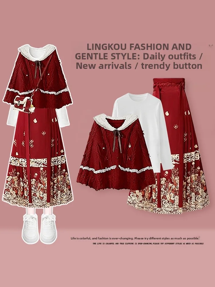 

Большие размеры, осенне-зимний новогодний женский комплект Faion, красная национальная юбка с лицом, комплект из футболки, утягивающий свитер, базовая...