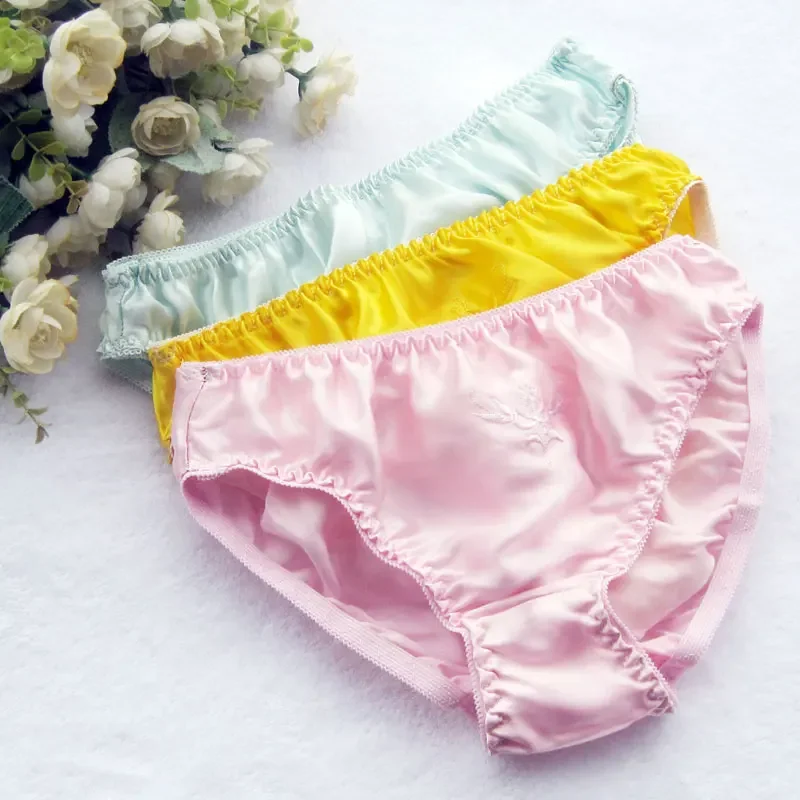 3pcs/lot Women Silk Satin Panties Female Floral Embroidery Underwear  Pack Ladies Knickers Briefs