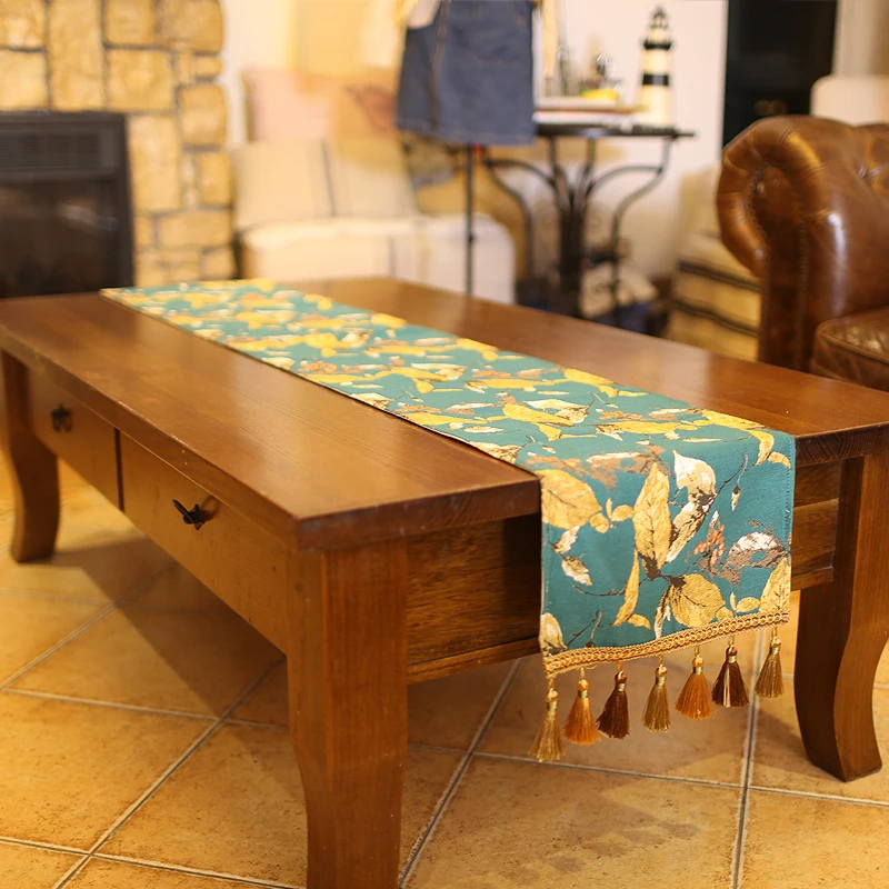 European style pastoral dining table long fringed cover cloth American coffee table side cabinet yellow leaves table runner