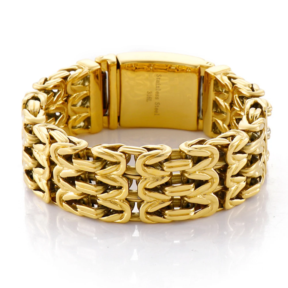 23mm Punk Gold Color Three Layers Chain Bracelet Hiphop Shiny Retro Black Stainless Steel Bike Biker Double Row Bangle Jewelry