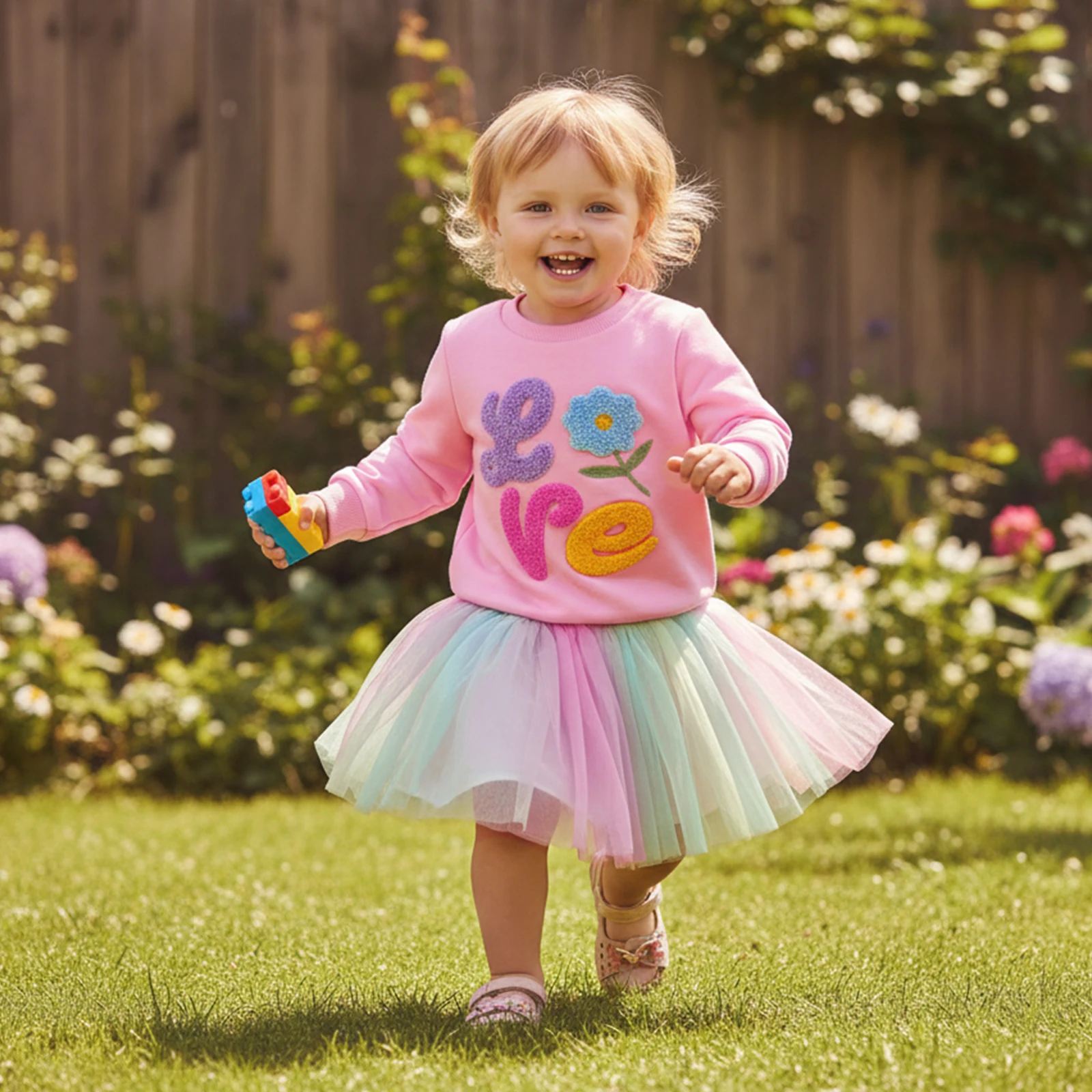 1-5Y Toddler Girl Skirt Set Floral Letter Embroidery Long Sleeve Crew Neck Pullover Sweatshirt Elastic Waist Rainbow Tulle Skirt