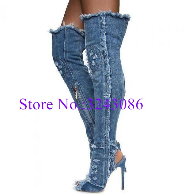 Sexy Blue Denim Over the Knee Sandals Boots Lady Fashion Peep Toe Slingback Thin Heel Long Boots Woman New Party Shoes Dropship