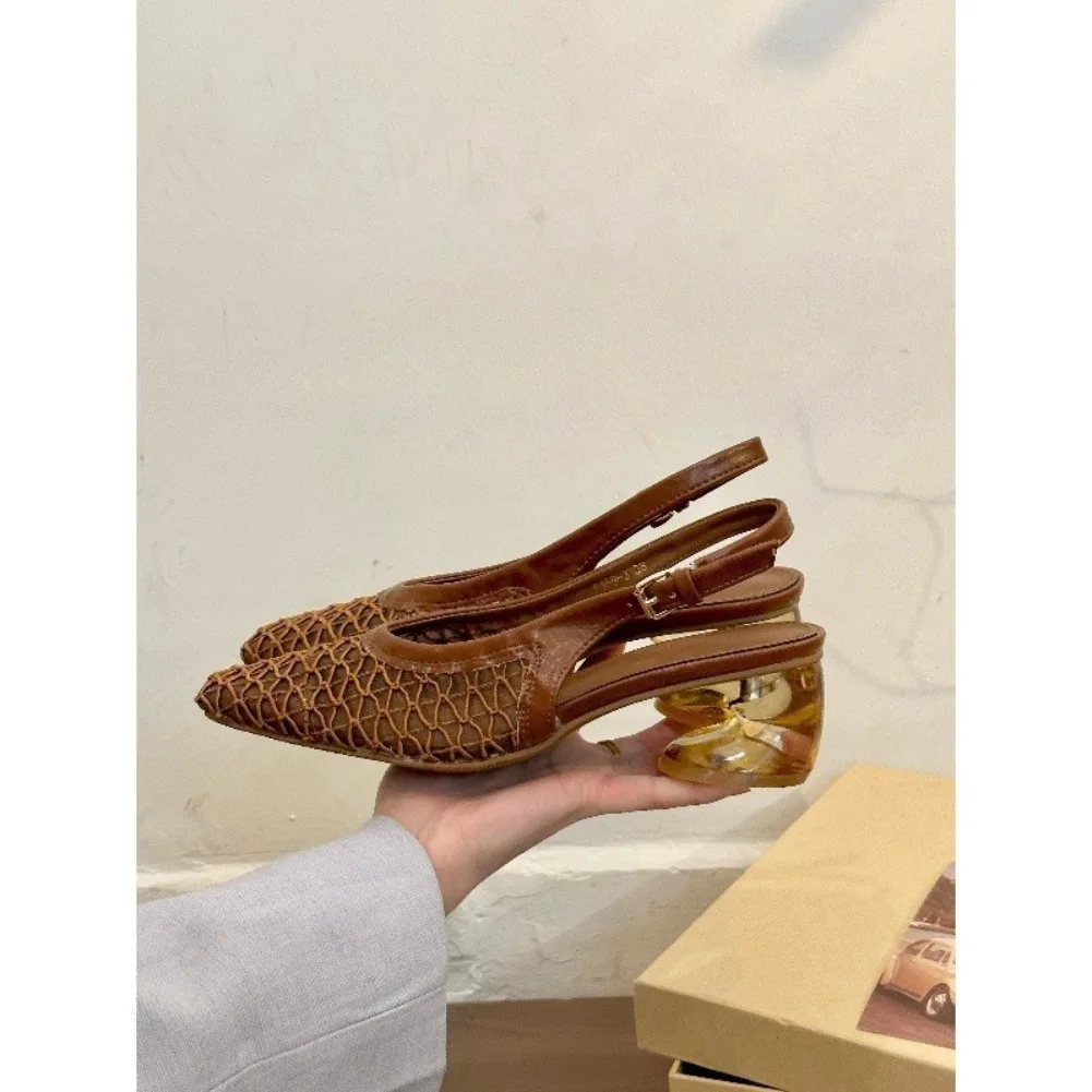 

Французские темпераментные плетеные сумки с квадратной головкой, сандалии на шнурке, весенне-летние новые модные туфли с кристаллами, темно-коричневые