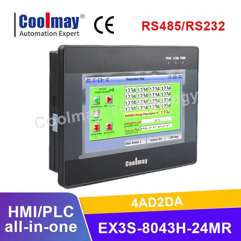 

Coolmay Factory 4,3-дюймовый HMI PLC «все в одном» 12di 12do Релейный выход 4AD2DA Поддержка MODBUS RTU RS485 RS232 для автомойки