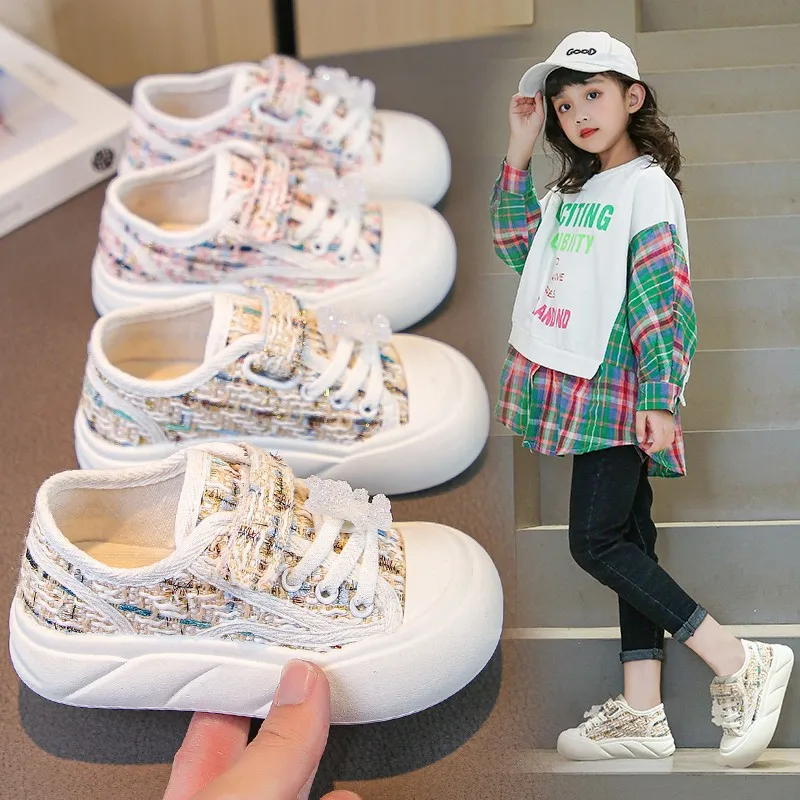 Children's Striped Canvas Shoes Girls Platform Shoe New 2024 Autumn Fashion Round Toe Casual Sneakers Kids Non-slip Single Flats