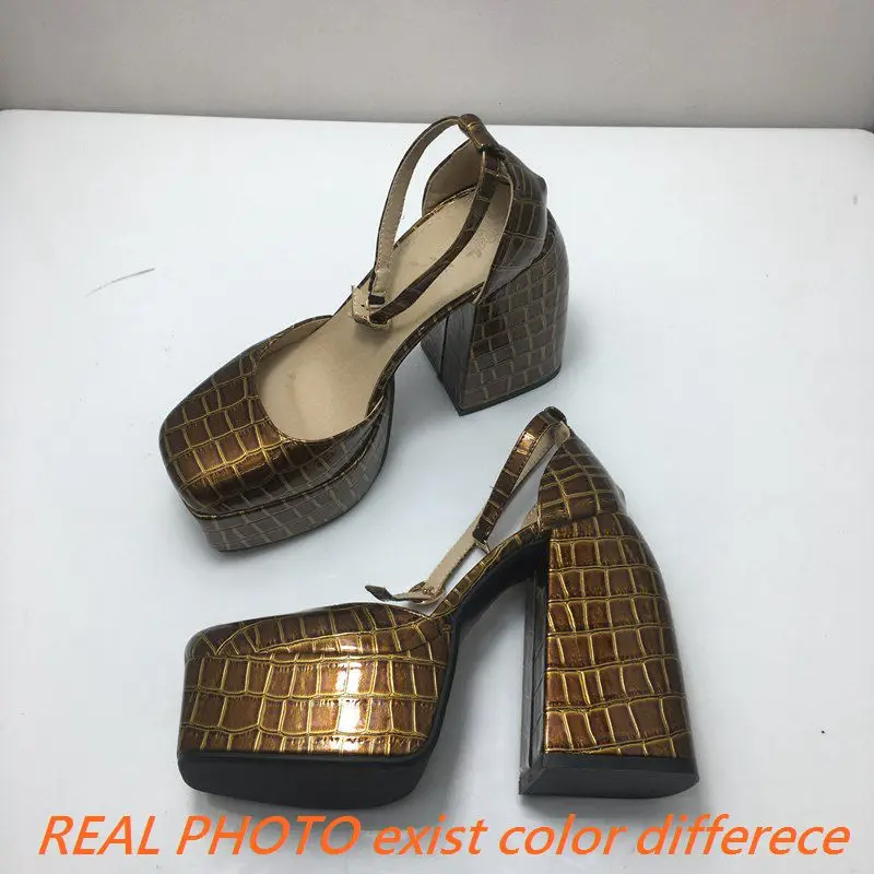 REAVE wzór kota buty damskie sandały kwadratowe Toe dziwne pokrycie pięty 12.5cm platforma 4.5cm Plaid pasek z klamrą Party Big Size 47 48