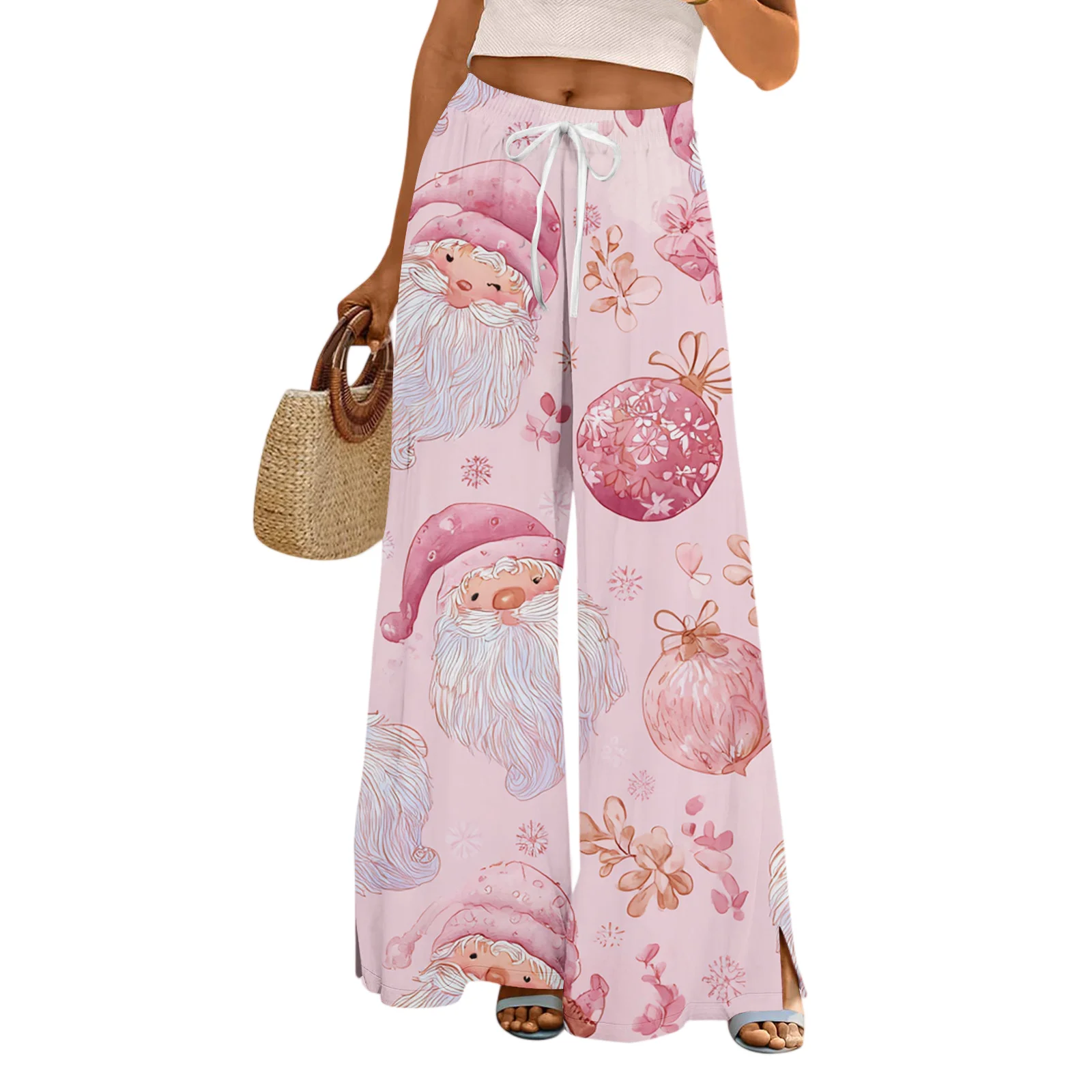 Codzienne spodnie damskie, luźne i swobodne spodnie z szerokimi nogawkami z świątecznym nadrukiem, z elastycznym pasem, sznurkiem i kieszeniami.