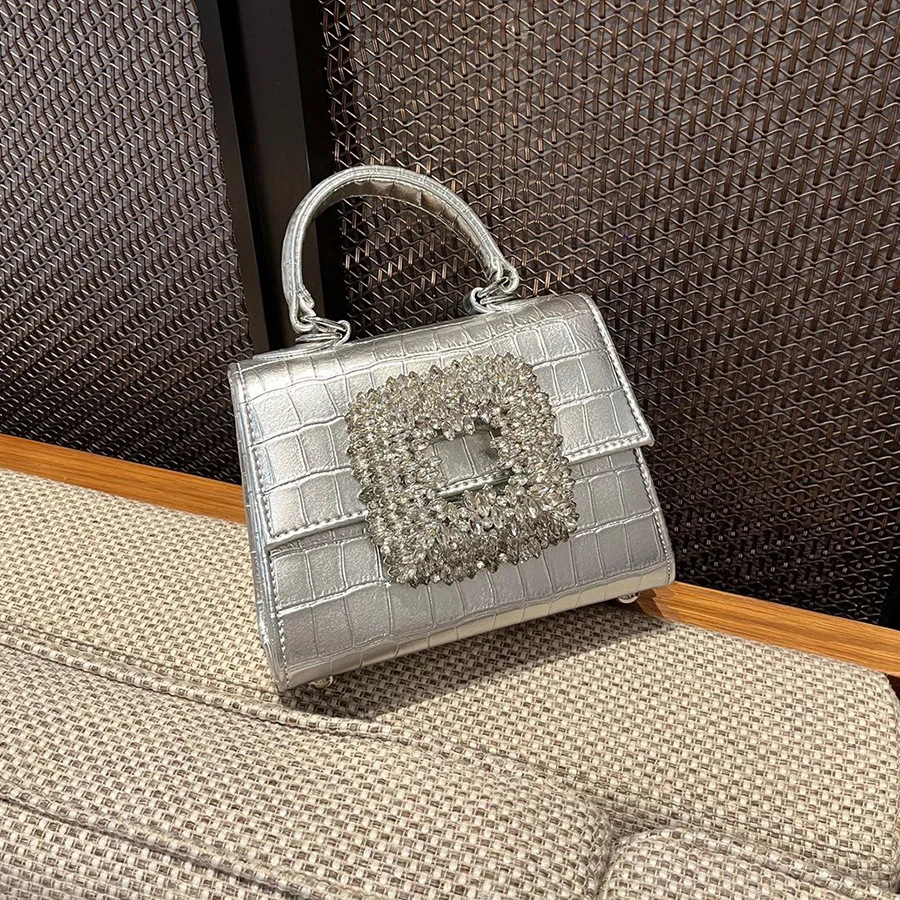 New Women Alligator Evening Banquet Handbag Rhinestone Small Square Handbag Shiny Flip Bridal Clutch Crossbody Bag For Women Sac