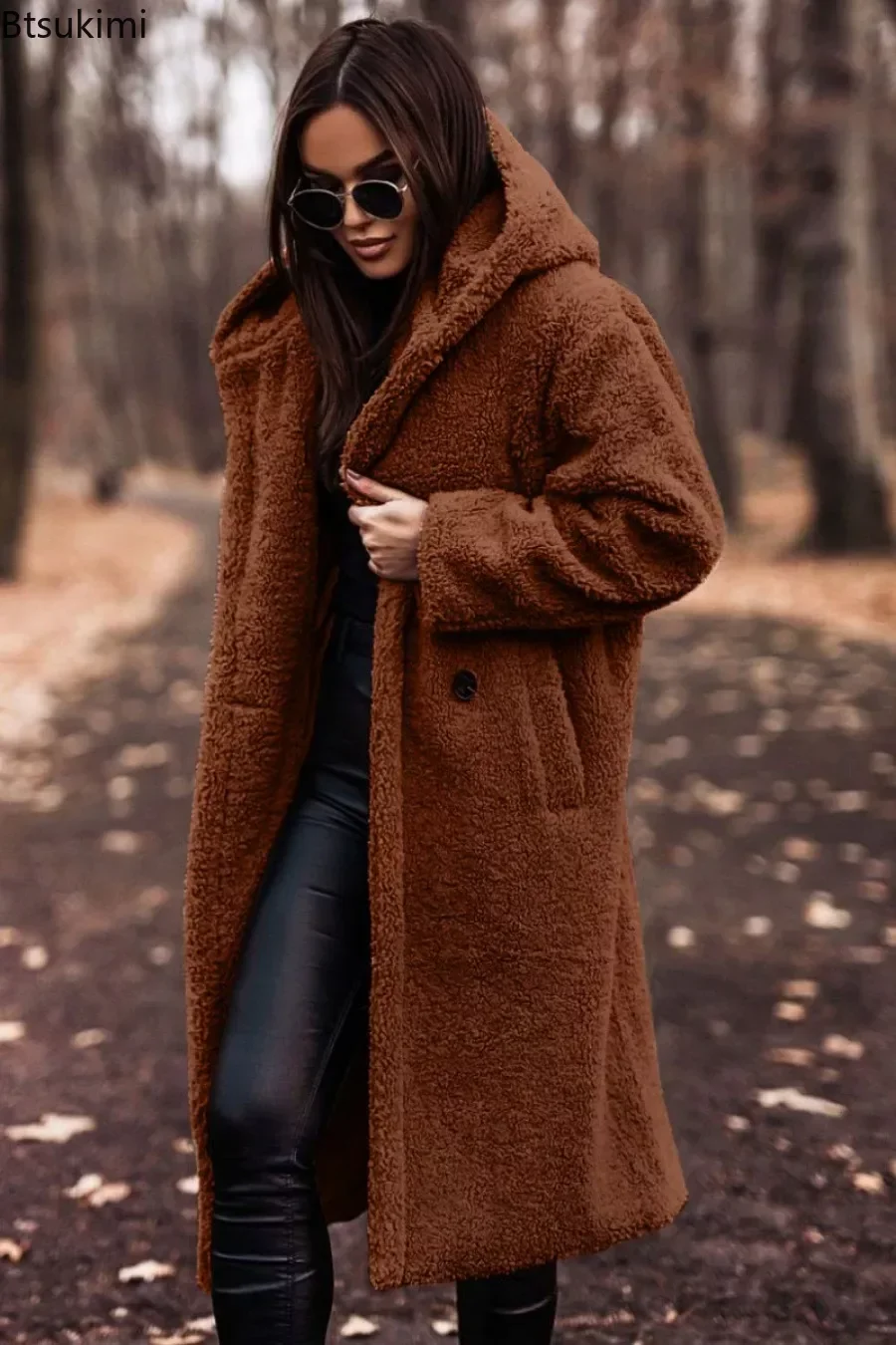 New 2024 Women's Thick Warm Long Coat Jacket Plush Keep Warm Faux Fur Coat Women Autumn WinterJacket Female Outwear Wool Blends