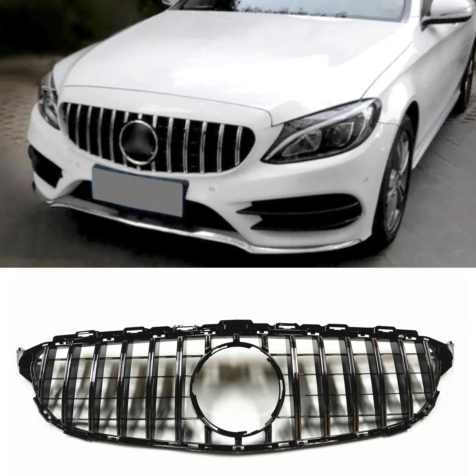 

New！ Grill For Mercedes Benz C Class W205 2014-2018 C200 C250 C300 C350 C43 GT Style Front Grille Silver/Black Upper Bumper Hood