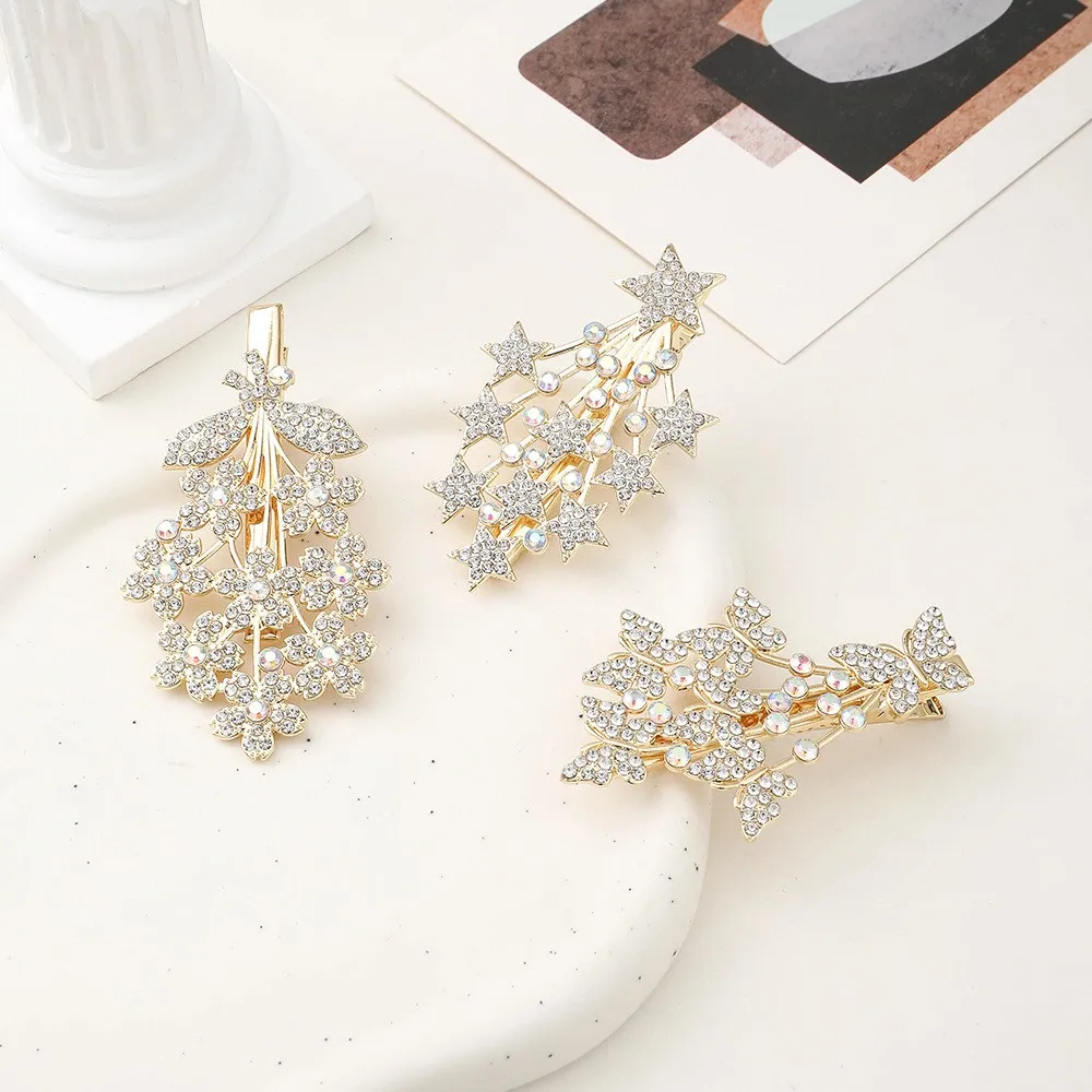 Women Shiny Crystal Hair Clips Fashion Metal Barrettes Hollow Out Flower Leaf Star Hairpins Simple Bobby Pin Duck Clips Headwear