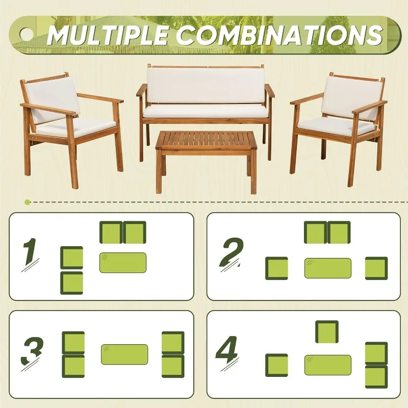 Muebles de patio Juego de sofás de conversación para patio de madera de acacia para exteriores de 4 piezas con mesa y cojín
