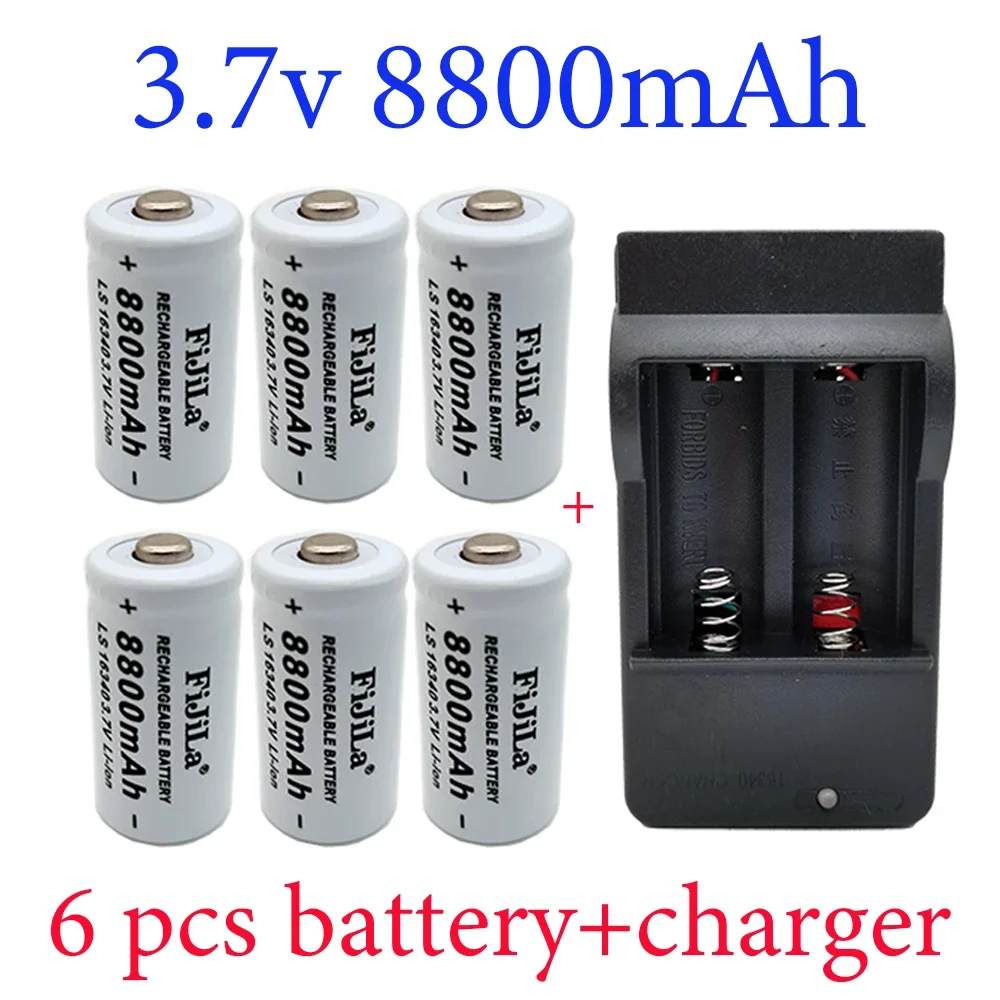 100% New original 16340 Battery CR123A 16340 Battery 8800mAh 3.7V Li-ion Rechargeable Battery+16340 Charger