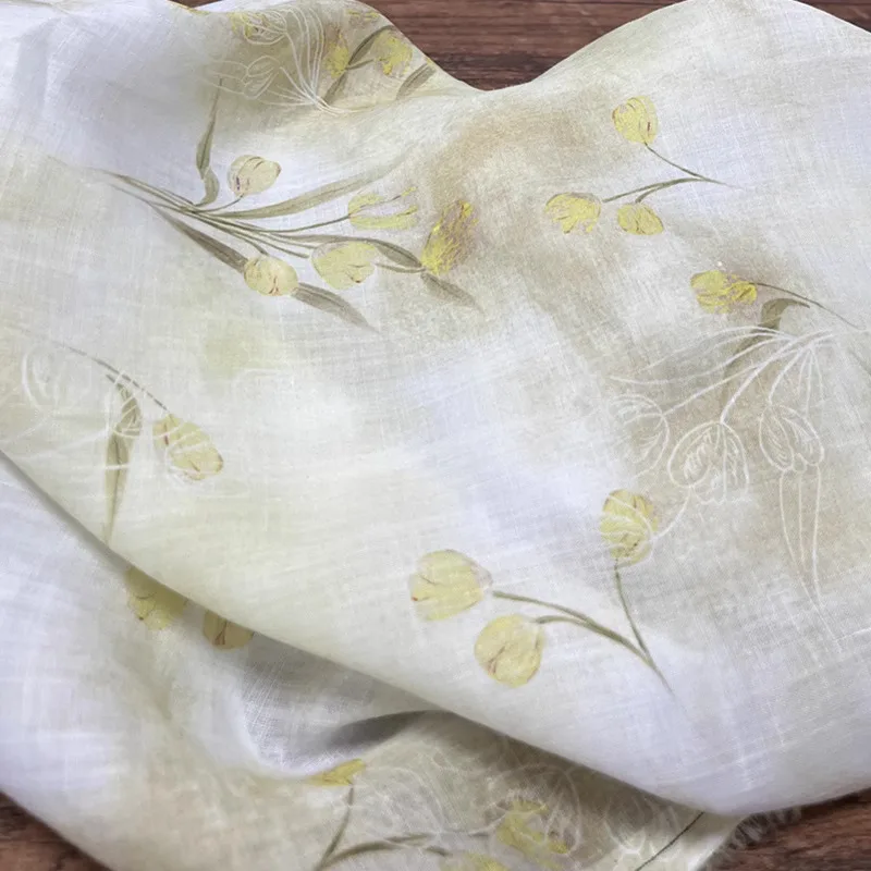 

1 ярд, высококачественная ткань из рами, ткань с желтым цветочным принтом, ткань для одежды Cheongsam, платья, ткань для пэчворка