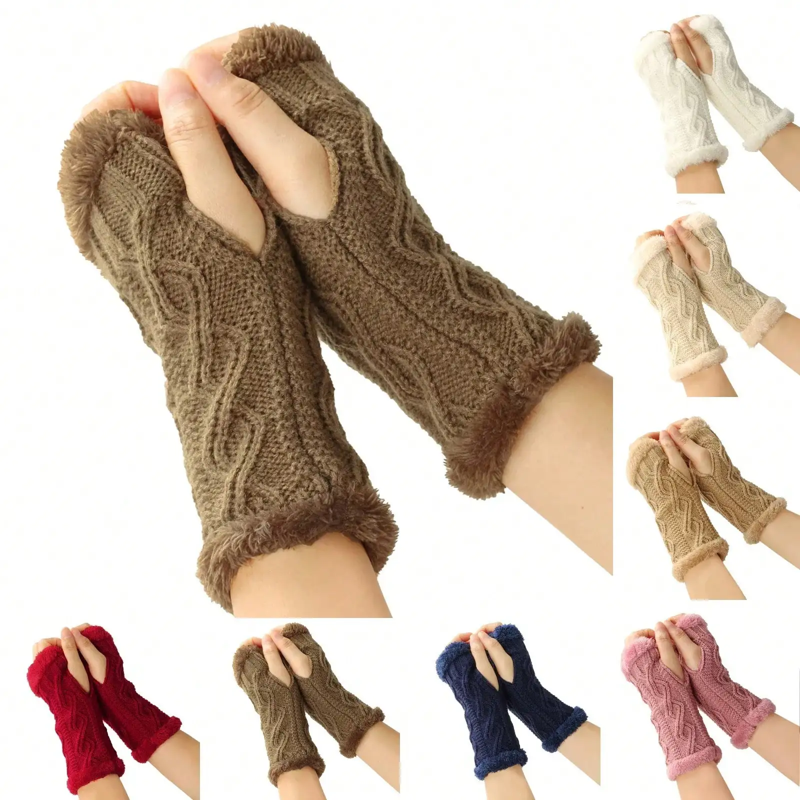 Half Finger Gloves for Women\'s Soft Winter Warmth Luxury Solid Color Plush Knitted Fingerless Gloves Fuzzy Knitted Gloves