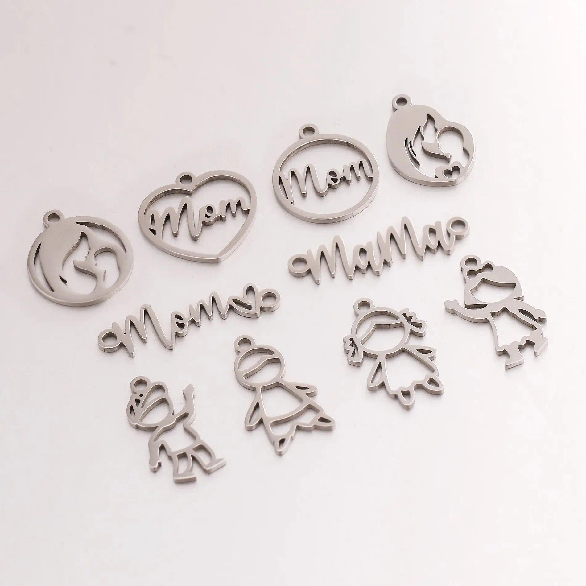 5Pcs Love Heart Mama/Boys/Girls Baby&Mother Charms Stainless Steel Jewelry Connector Pendants Fit DIY Handmade Necklace Earrings