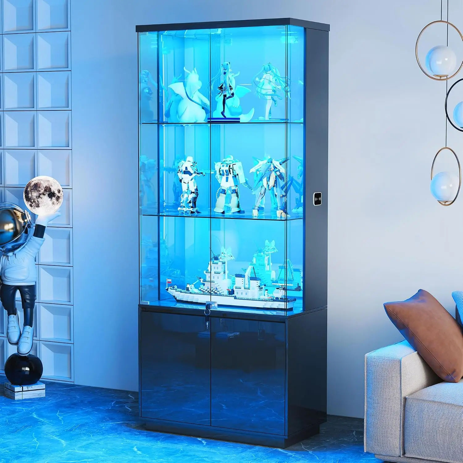 71” Tall Display Cabinet with Glass Doors & Lights, Lockable (Black) | 4mm Tempered Pop-Up Glass Door; Key-Locking, Customized