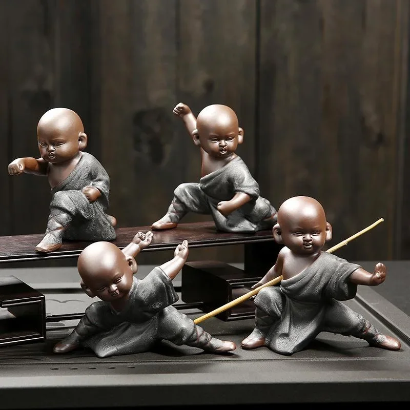 Tea Pet Ornaments Exquisite Purple Sand Kung Fu Little Monk Black Gauze Golden Shami Tea Play Ceramic Character Tea Set Coffee