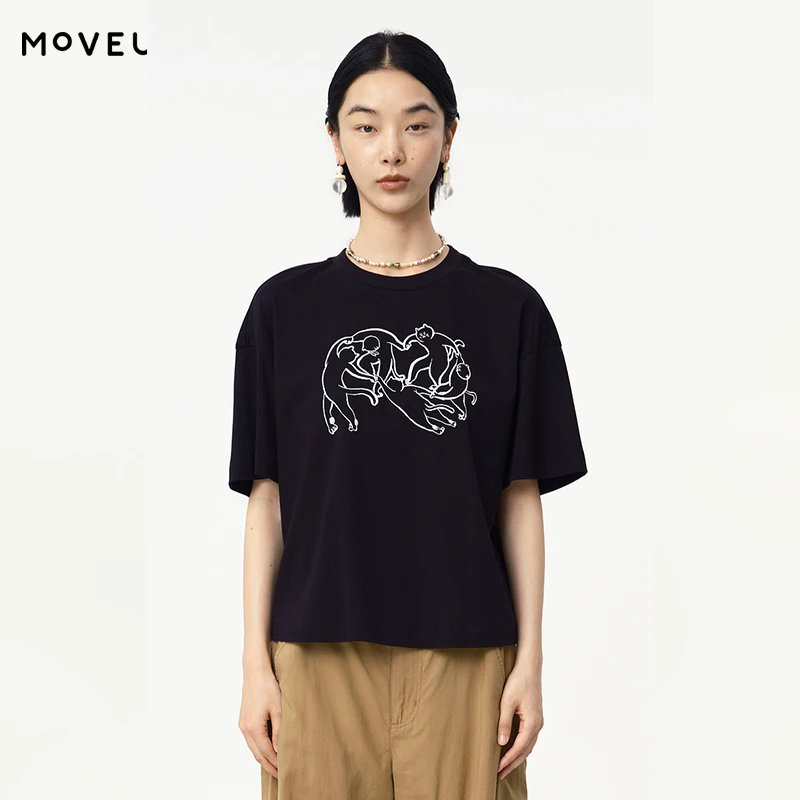 

MOVEUP Short Sleeves Round Neck T-Shirt 2026 Summer New Pure Cotton Fun Character Print Drop Sleeves Top For Women 125210534