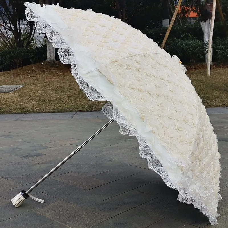 

Lace Embroidered Umbrella, Black and White Coating Glue, UV Protection, Sunscreen, Two Folding Umbrella, Princess Sunny Umbrella