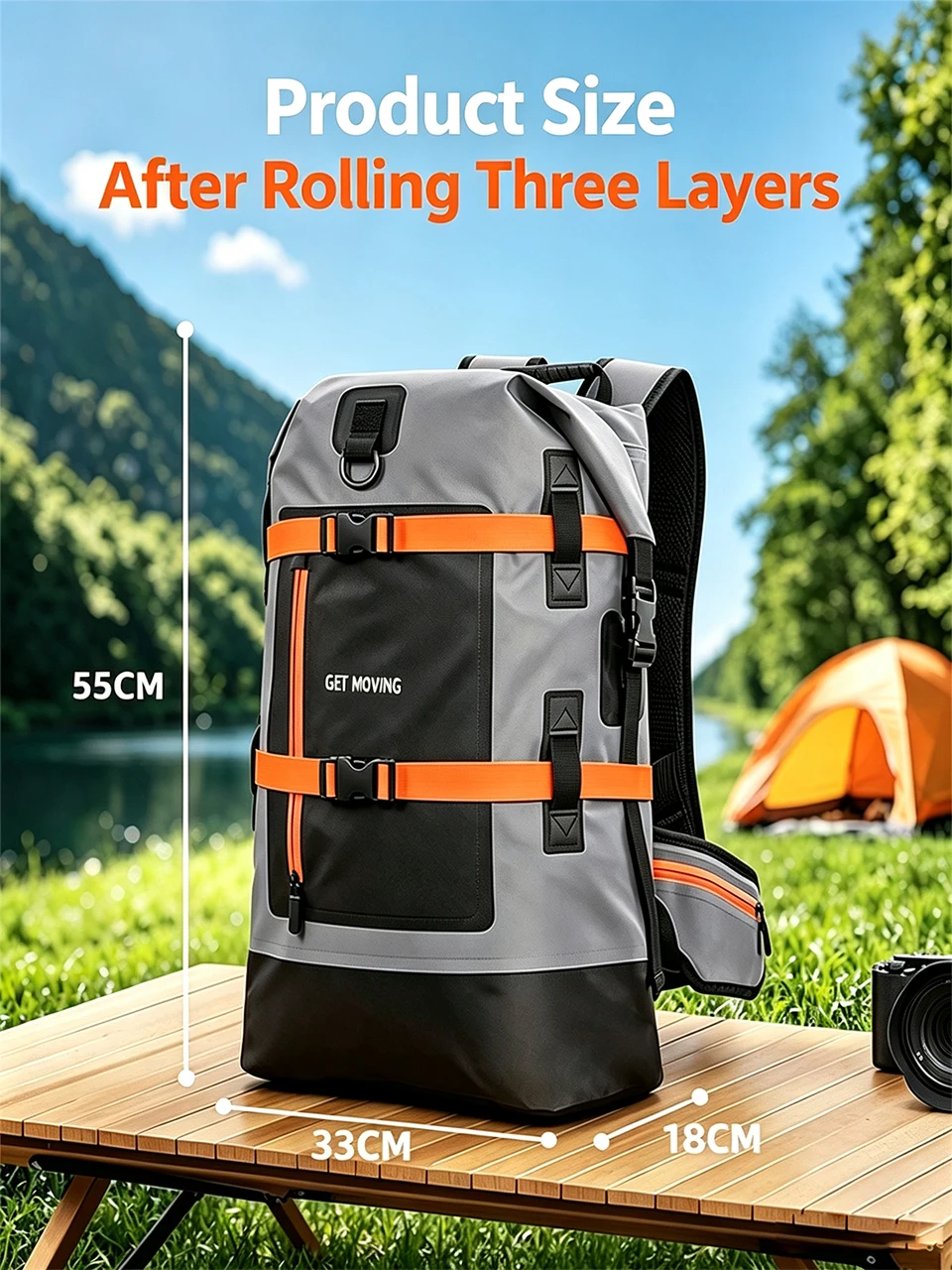 Schwimm-PVC-Packtasche, wasserdichter Rucksack für Damen und Herren, 40L, für Kajak, Trekking, Rafting, Surfen, Bootfahren, Trockentasche – Detail 2