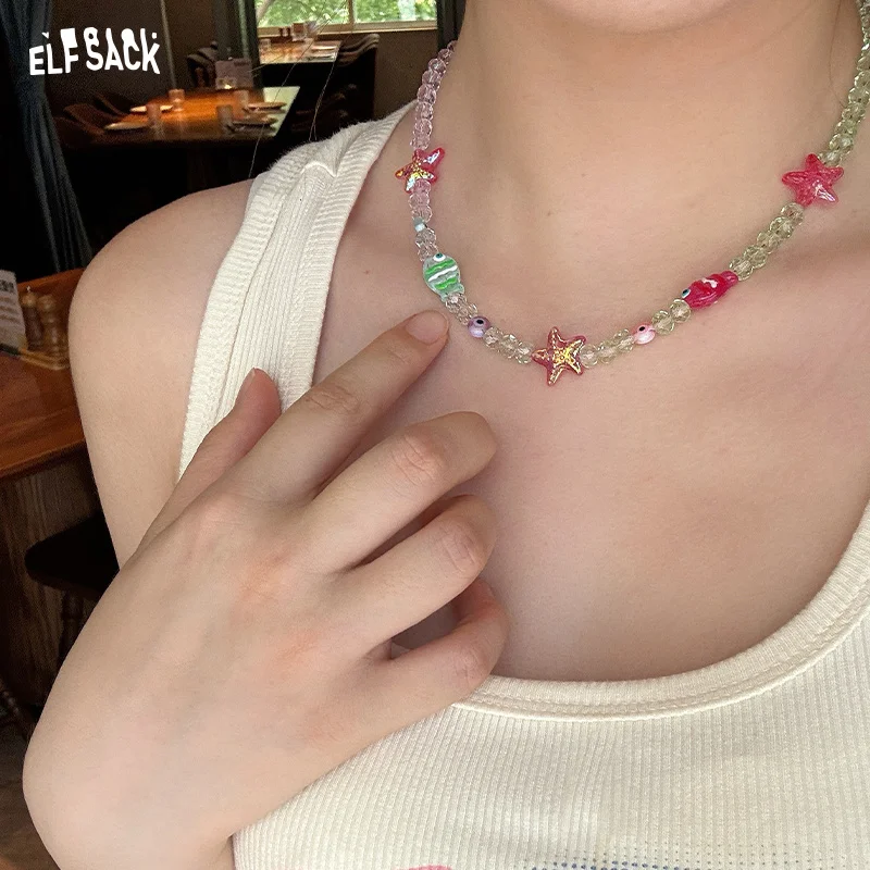 

ELFSACK 2025 Summer New Arrival Dopamine Resort Style Beaded Necklace Design Niche Sweet Collarbone Chain For Women