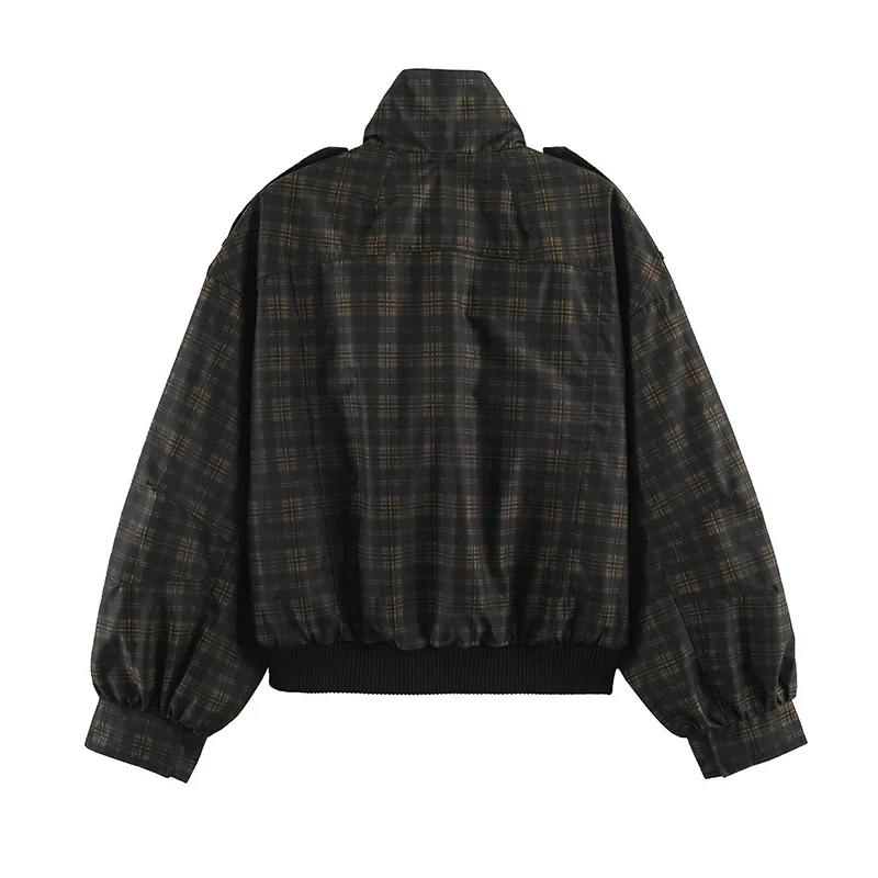 YENKYE Women Retro Plaid Flight Jacket Stand Neck Long Sleeve Cropped Casual Bomber Outerwear Autumn Winter Loose Coat