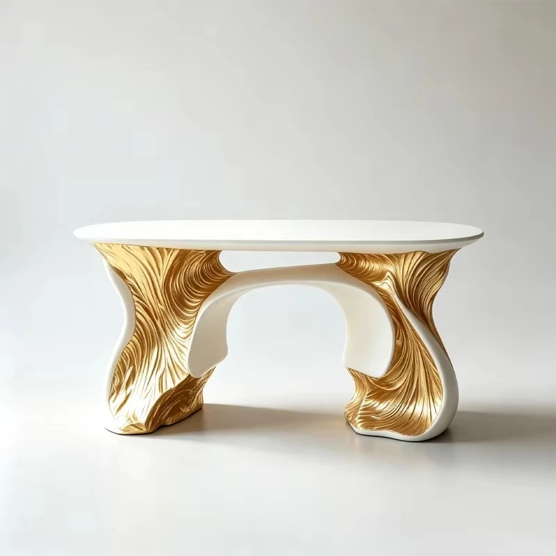 Oval Matte White Dining Table Gold Wave Fiberglass Frame Modern Long Table