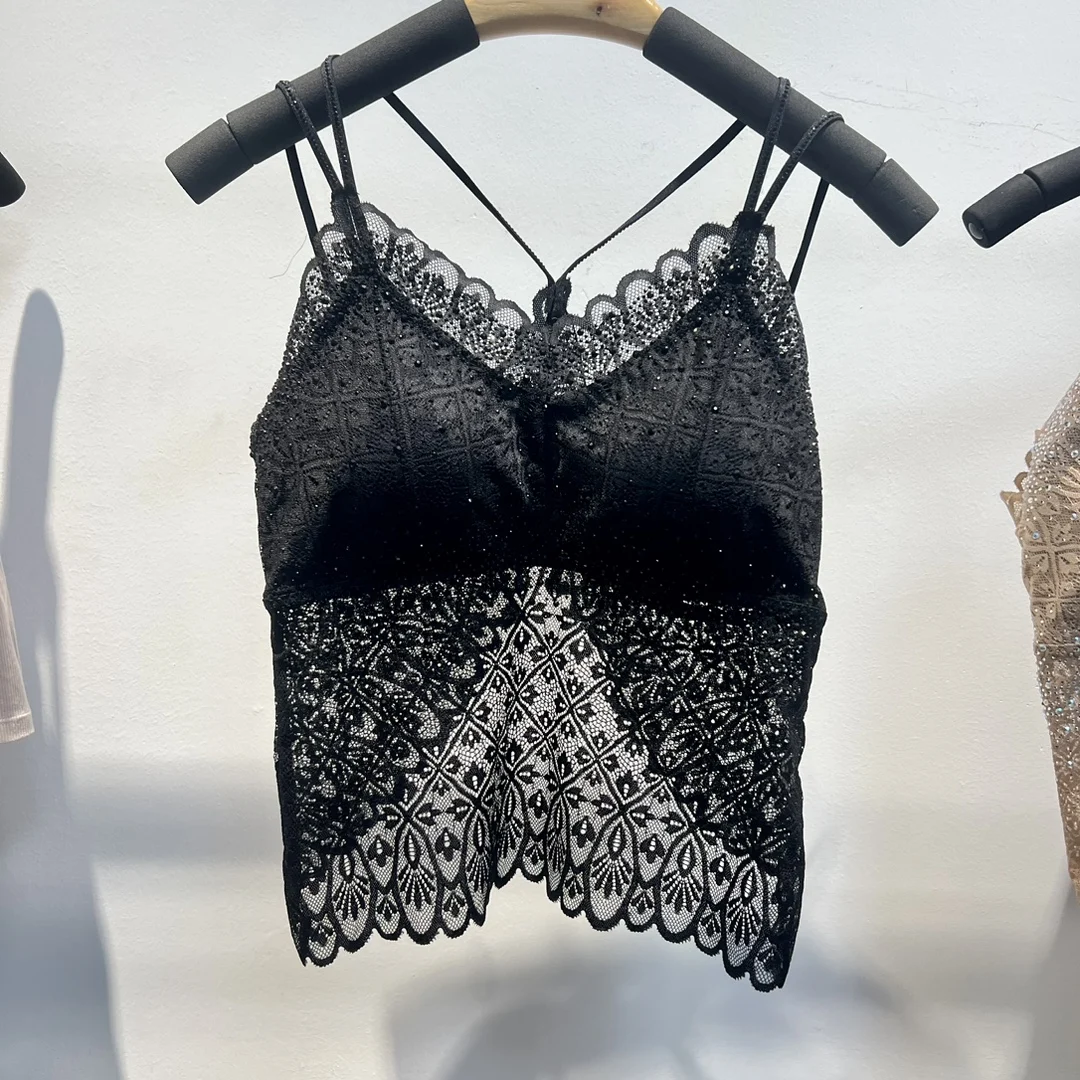 black lace camis women sexy rhinestones camisole