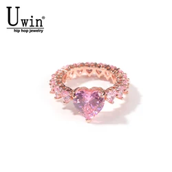 UWIN Heart Rings For Women Full Bling Iced Out Pink Cubic Zircon AAA Rings Luxury Fashion Hiphop Jewelry Gift Drop Shipping