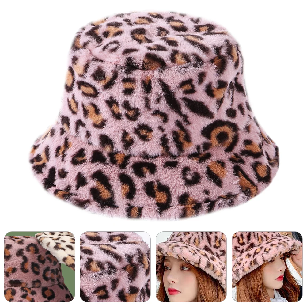 

Wild Animals Leopard Bucket Hat Plush Filling Pink Polyester Fisherman Cap Cow Stuffed