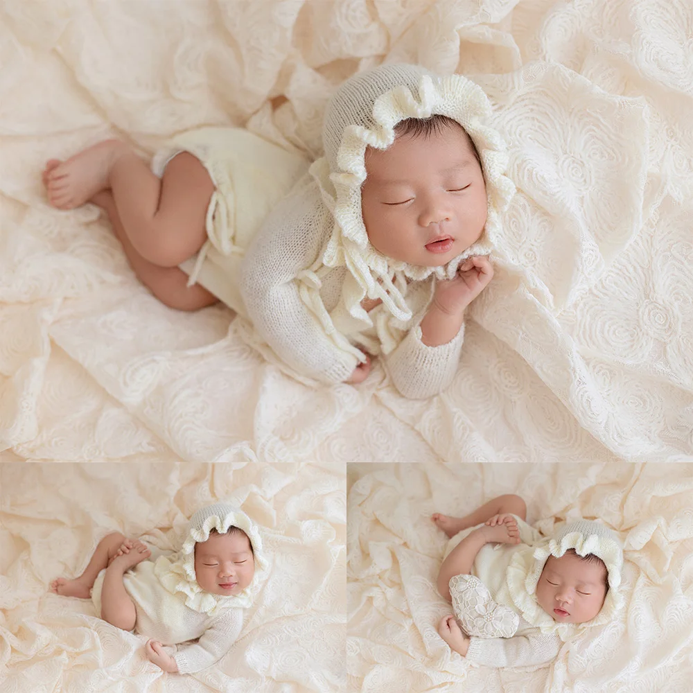 Body de malha de manga comprida para bebê, conjunto de chapéu enrolado de crochê, roupa para fotografia de recém-nascido, flor, fundo de renda, cobertor, adereços de estúdio