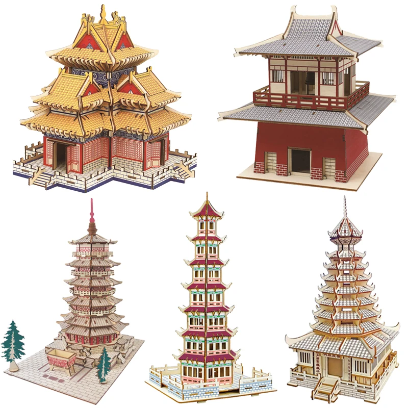 3D Wooden Pagoda Puzzle DIY Building Temple Model Wood Toy Chinese Architecture Yellow Crane Yueyang Tower For Children Kids