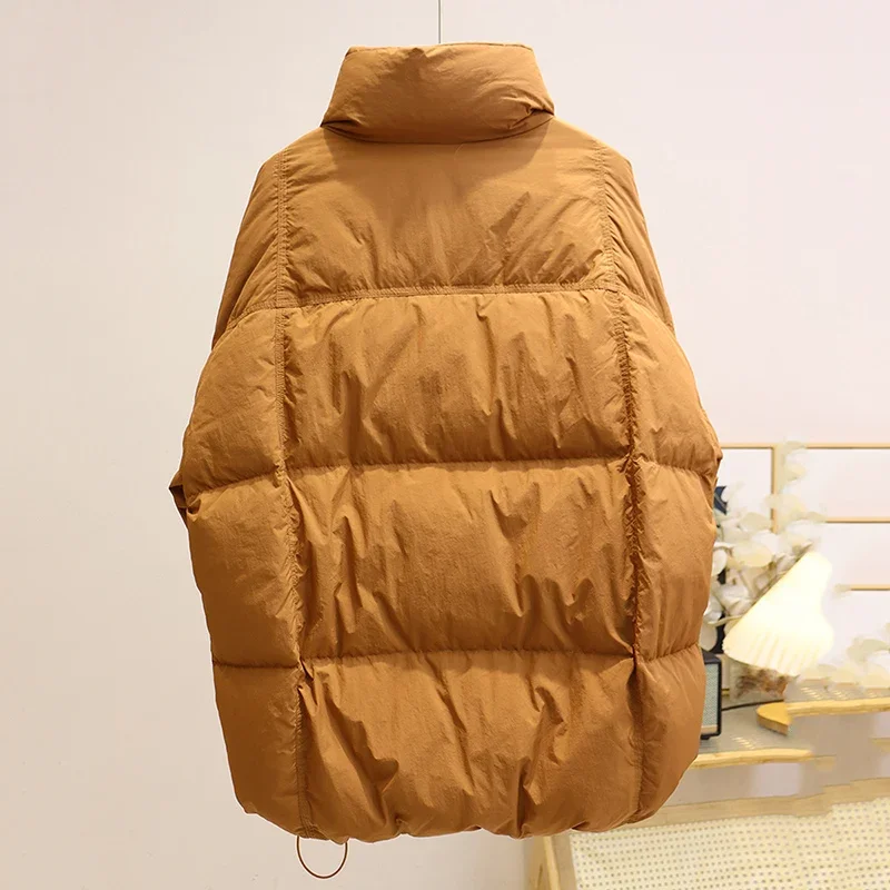 Schinteon Women Down Jacket Stand Collar Over Size Casual Warm Autumn Winter Outwear White Duck Down Color Patchwork Thick Coat