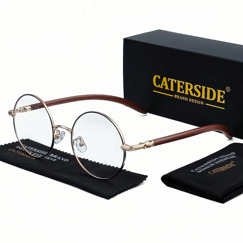 CATERSIDE Retro Runde Anti-Blaulicht-Brille für Herren, Holzmaserung, Metallrahmen, Damenbrille mit flachem Rahmen, hochwertige Brillen – Detail 5