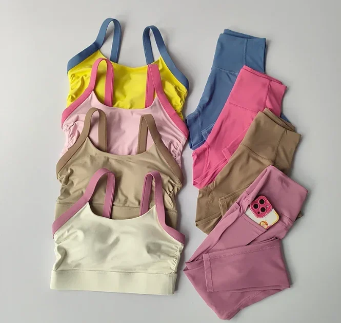 Conjunto de Yoga integrado con franjas de diferente Color de alta intensidad, 2 uds., ropa interior deportiva, mallas deportivas de cintura alta y levantamiento de cadera