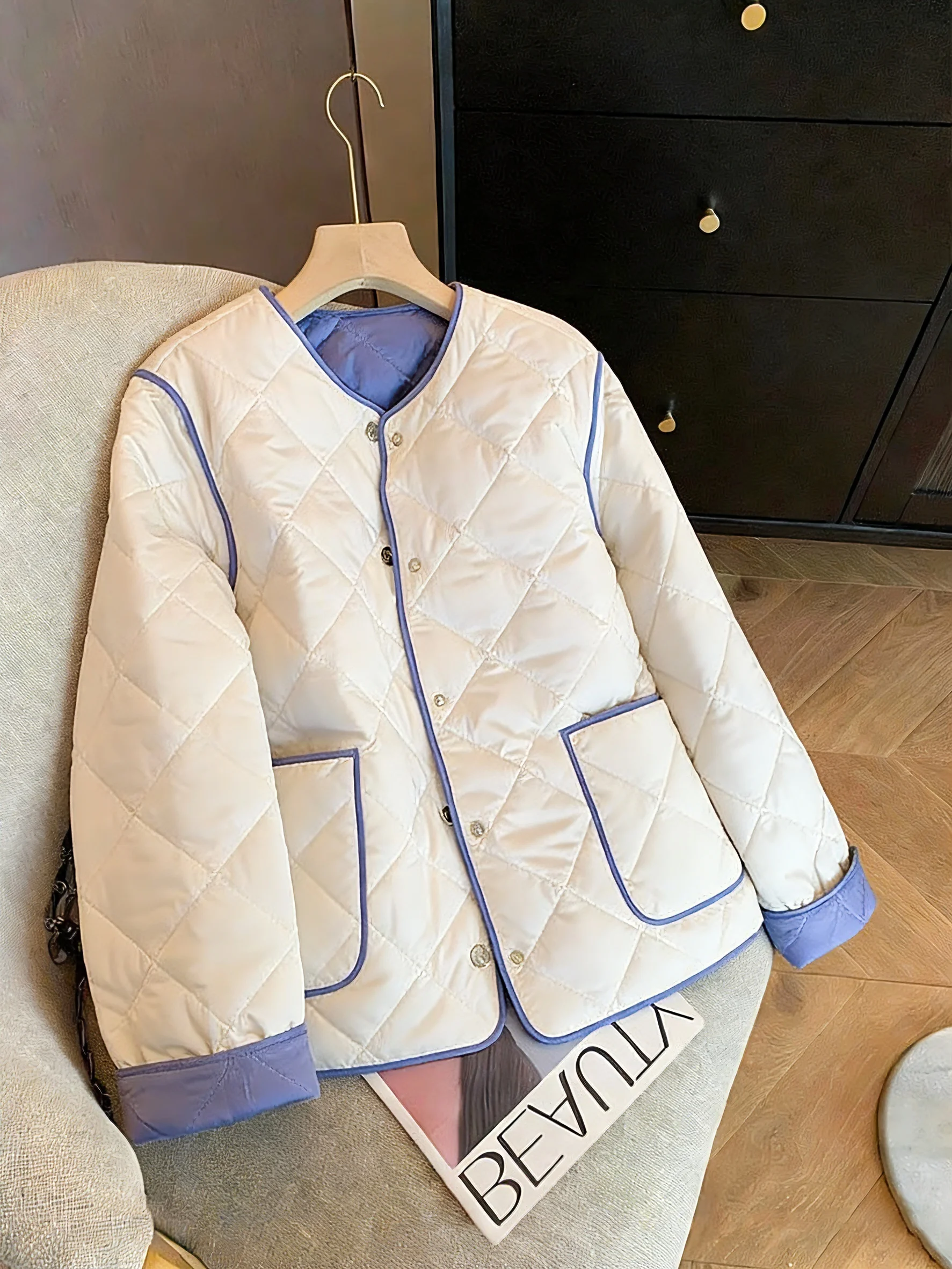 

Модная хлопковая куртка оверсайз с ромбовидным узором, свободного кроя, осенне-зимнее теплое пальто в корейском стиле для женщин и мужчин, для повседневной носки