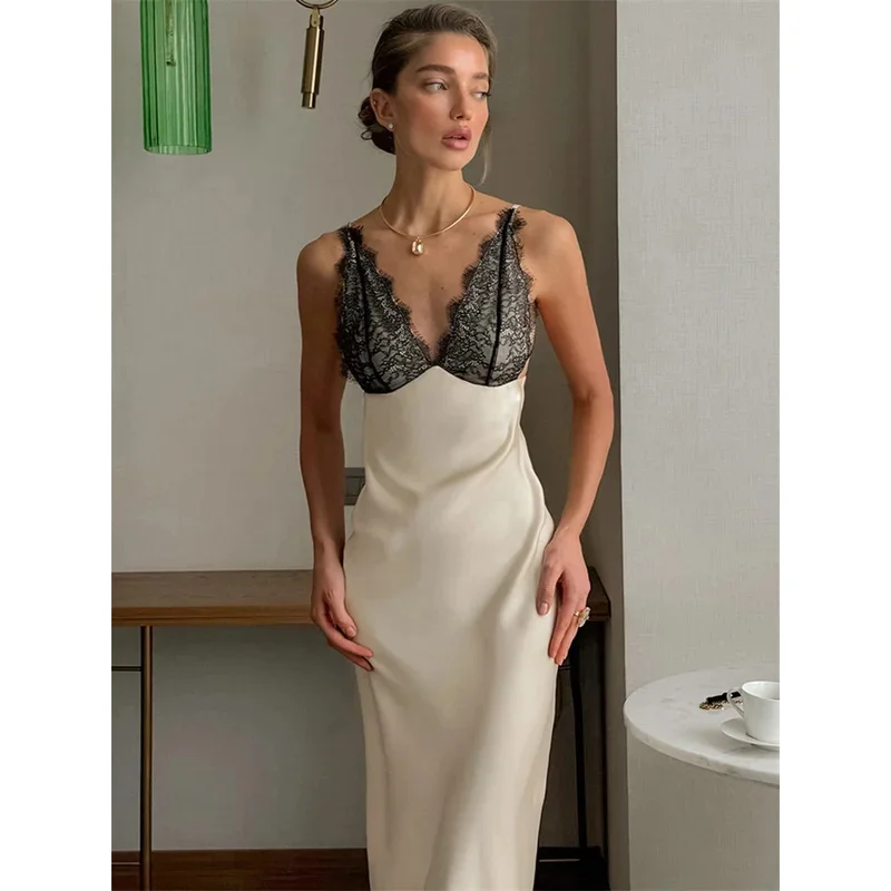 Tossy Lace V-Neck Printed Long Dress Women's Patchwork High Waist Slim Backless Summer 2026 New Dress Female Party Dress Gown