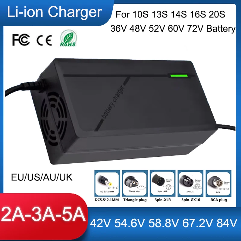 42V 54.6V 58.8V 67.2V 84V 2A 3A 5A Lithium Battery Charger 10S 13S 14S 16S 20S 36V 48V 52V 60V 72V E-tool Fast Charging With fan