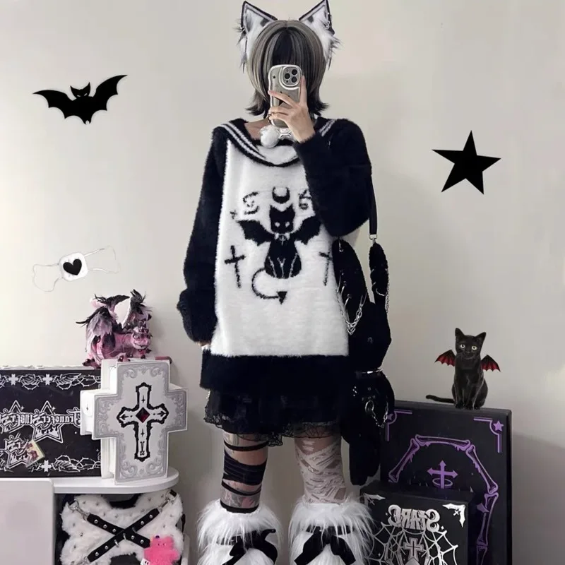 

Y2k Style Demon Cat Sailor Collar Contrast Colored Plush Knitted Pullover Doll Japanese Streetwear Sweet Cool Anime Tops