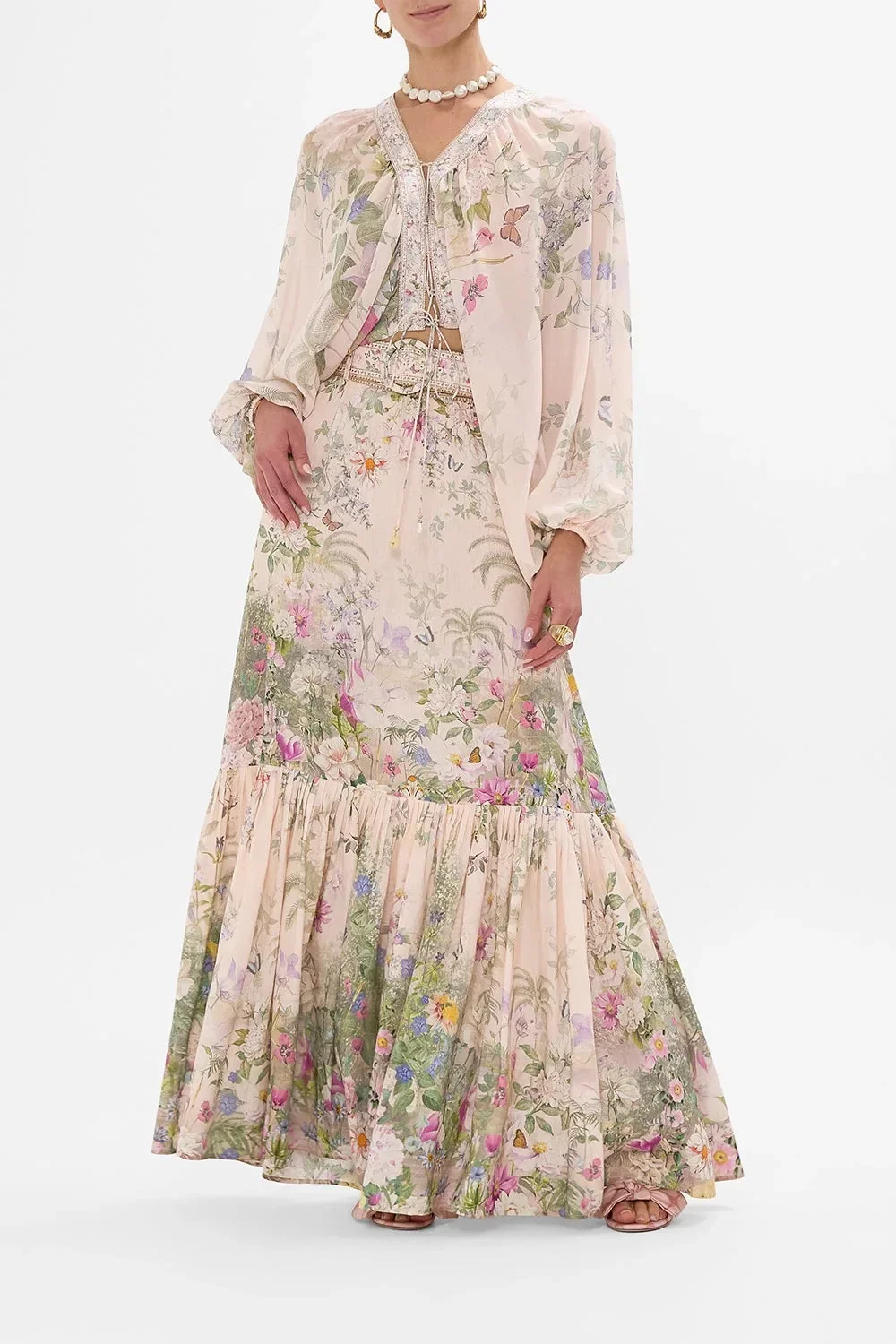 

2025 New Women 100% Silk Set Flower Print Heavy Beaded High Waist Pleated Long Skirt + Lace-up V-Neck Batwing Sleeve Shirt Suits