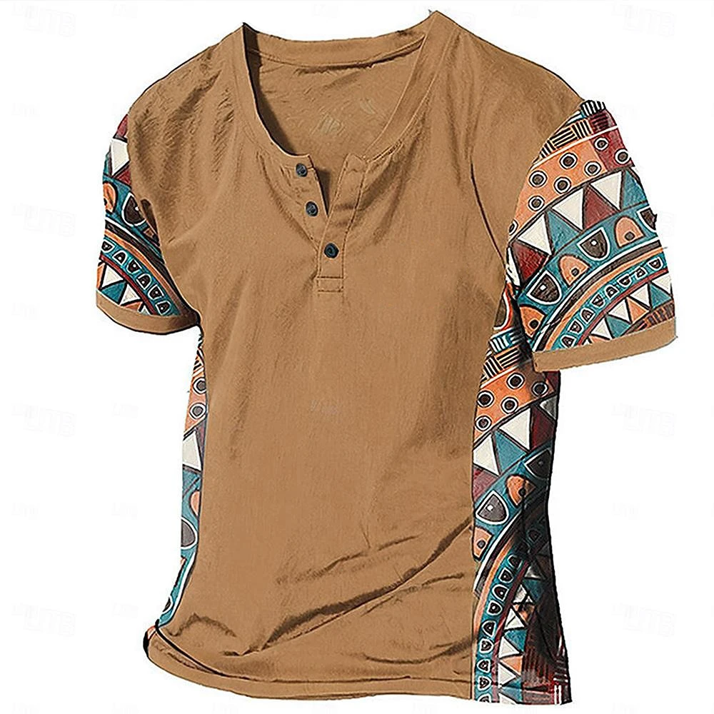 Ethnic Style Tribal 3D Printed Henley Shirts Men\'s Fashion Vintage Streetwear Button Short Sleeve T Shirt Tees Tops Man Clothing