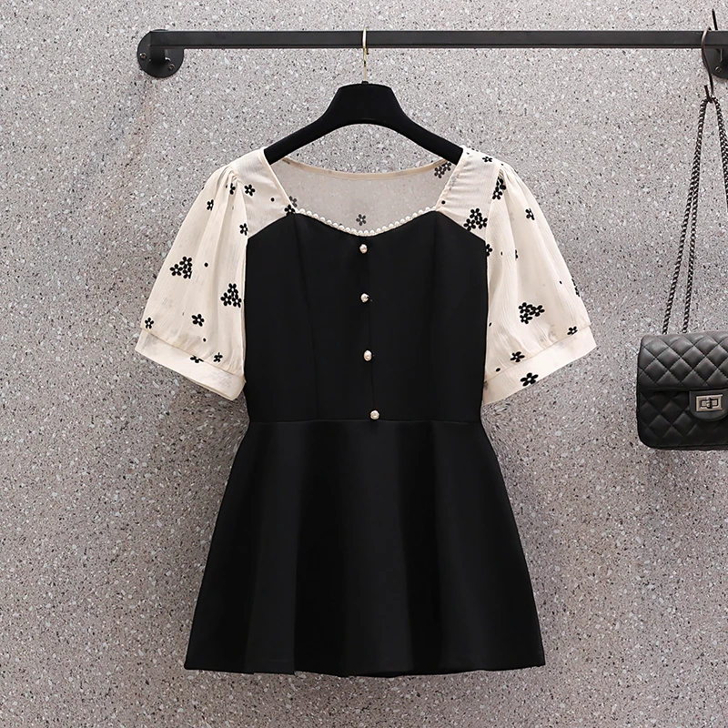 2024 Summer New Black Patchowrk White Short Sleeve Beading Square Collar Blouses Women Kroean Elegant Bodycon Casual Top Shirts